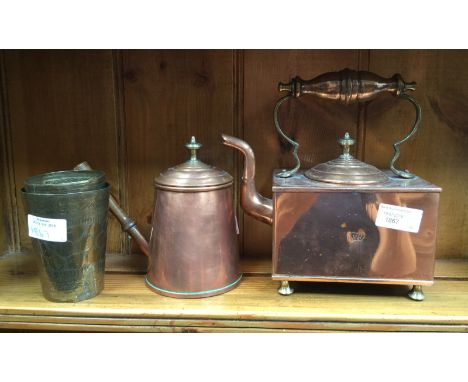 A square copper kettle, stamped 'V.R' with a copper Brandy server and two brass cups (4) 