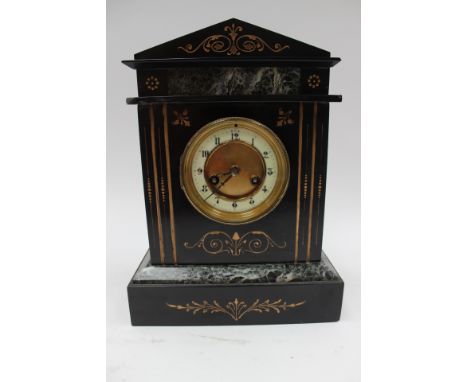 A late Victorian inlaid slate mantel clock in the form of a Doric Temple, brass dial, with key