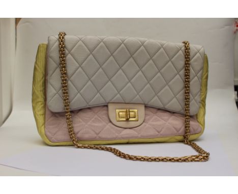 CHANEL Grosgrain tricolour Chanel 2.55 Reissue flap handbag, grey, pink and yellow textured satin nylon, with gold tone bijou