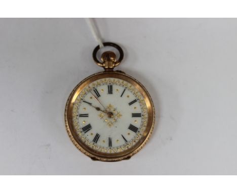 A ladies 14k fob watch, enamel dial, chased case, 47.8g gross weight