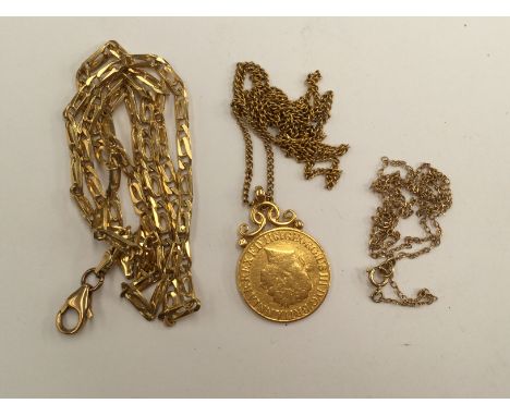 A 9ct flat link necklace, a George III Sovereign with pendant mount on fine chain and a 9ct fine link chain and a 9ct fine li