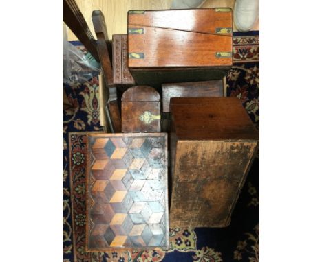 A collection of assorted wooden boxes, comprising 19th Century mahogany writing slope, 19th Century jewellery box, a 19th Cen