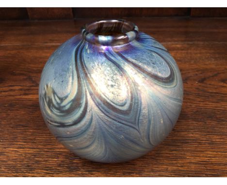 Norman Stuart Clarke irridescent glass squat vase, signed to the base, N.S.Clarke 