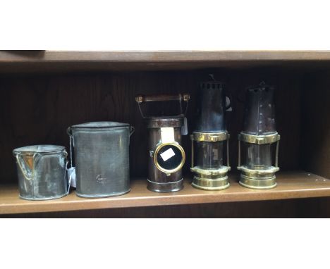 Ceag lamp, two miners lamps, two Hanamada tins (5) 
