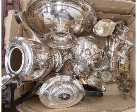 A collection of plate, EPNS and metal wear, to include tea and water pots, candelabra, milk jug, cake basket, spoons, etc, va