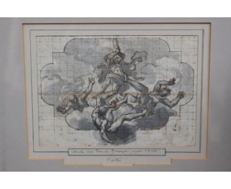An Old Master pencil study of figures amongst clouds, dated 1745, 12cm by 16cm, framed