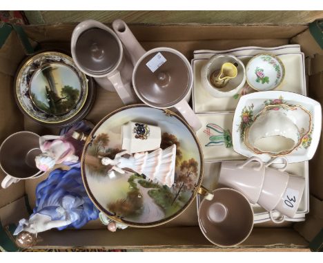 A Poole Pottery tea/coffee service, a Poole tray, figurines, Noritake, etc (1 box)