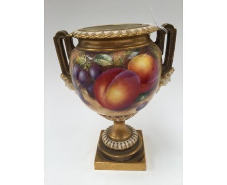 Royal Worcester twin handled pedestal fruit pattern vase, signed Freeman (restored) 