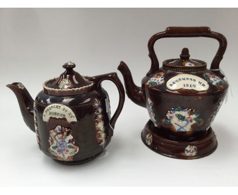 A Bargeware teapot 'A Present to my Mother' (restored) with a second Bargeware teapot and stand 'Remember Me 1910' (restored)