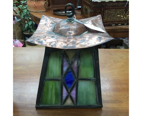 An Arts and Crafts lantern, copper leaded, coloured glass