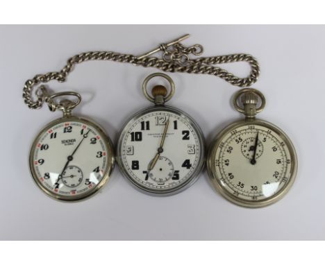 A Sekonda 18 jewel USSR locomotive pocket watch with silver Albert chain; WW2 British issue GSTP pocket watch by "Orator Watc