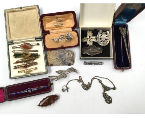 A Charles Horner, silver blue enamel brooch, together with six various brooches, two hard stone brooches etc 