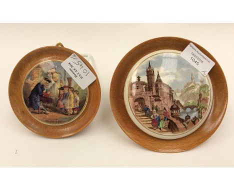 Two Staffordshire Pratware Pot Lids, both in light wooden frames.Volunteers & Ladies & Gents on a Bridge.Both circa 1880.Brid