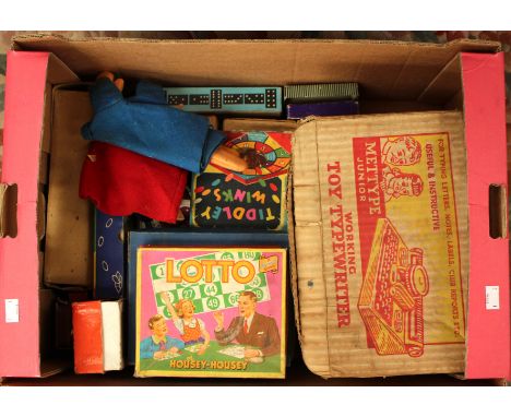 Collection of vintage toys, including four boxed Pelham puppets (af) various little board games and a tinplate 'Mettype' toy 