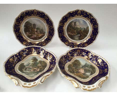 Two Derby Bloor shell shaped dessert dishes, Daniel Lucas, both 'View of Scotland' with two Derby Bloor dessert plates 'Matlo