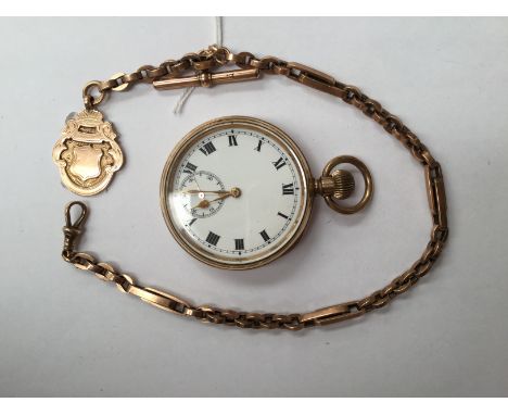 A Gold Plated top-wind gentleman's pocket watch along with a 9ct Gold watch chain and medal fob (Approx weight of chain and m