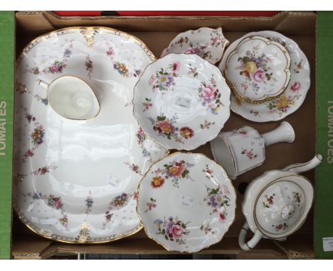 Royal Crown Derby, Royal Antoinette fluted platter; together with Derby posies teapot, pair of comports, dish, four pin trays