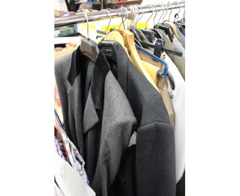 A Corduroy jacket in beige, a dark grey overcoat by Moss Bros, a grey herringbone tweed overcoat, maroon button - Christian D