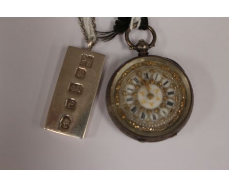 A late 19th Century silver mounted, English fob watch, enamel and gilt dial, Roman numerals, together with an Elizabethan sil