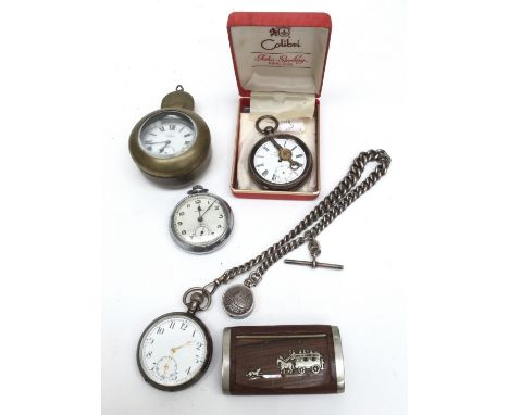 A 19th Century pocket watch, brass guard, plus two other pocket watches  with silver cased compass and silver watch chain, al