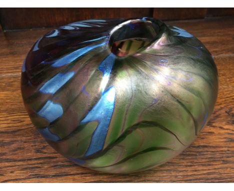 Peter Layton Studio glass vase, squatt form, irridescent pattern, signed to base, Peter Layton 1981 