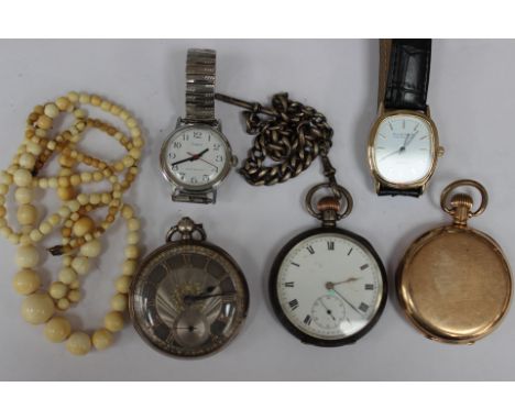 A collection of assorted watches, including two silver pocket watches, a Thomas Russell & Sons gold plated pocket, a silver w