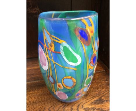 Norman Stuart Clarke Studio vase, mille fuille flowers having ochre stems on blue ground, signed to base, Norman Stuart Clark