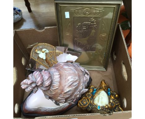 Contemporary Art Deco style picture, bust mirror, plaque etc (1 box)