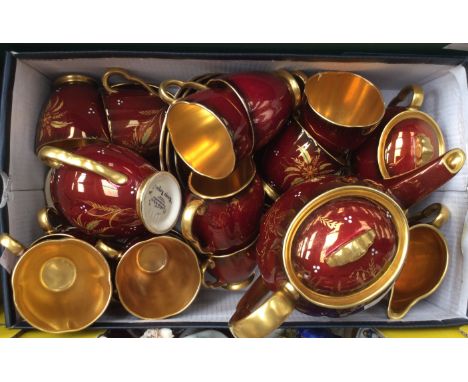 Carlton ware Rouge Royale coffee set, comprising coffee pot, milk, sugar and cover, with six similar Carlton ware Rouge Royal