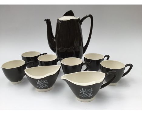 Carlton ware Art Deco style part coffee set, comprising coffee pot, six cups, milk and sugar, grey with cream, white foliate 