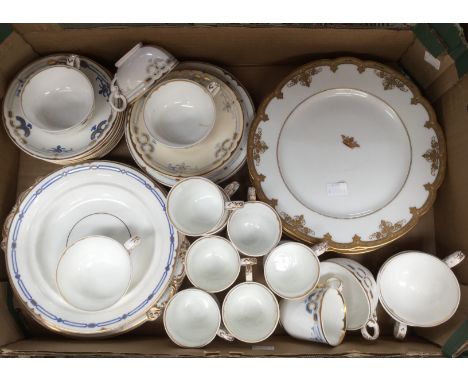  A collection of Copeland Garrett ceramic tea ware, comprising plates, dishes, cups and saucers, plus three gilt edged dinner