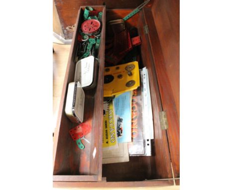 A wooden box of Meccano, including instruction manual 