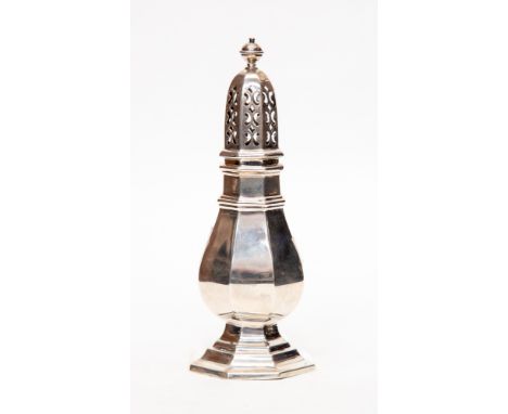 A George I style plain octagonal silver sugar caster, the detachable cover with pierced decoration beneath finial, Birmingha