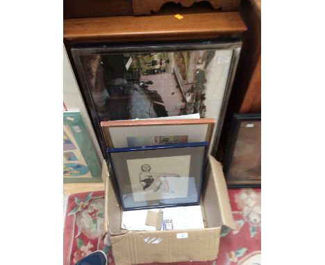 Contemporary watercolours and prints, signed indistinctly, together with wool samples from the Graham Sutherland tapestry in 