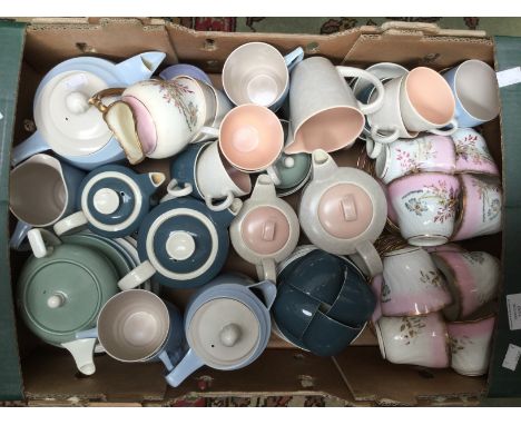 A Poole Pottery coffee set together with Branksome tea wares and a pink and gilt tea set (1 box)