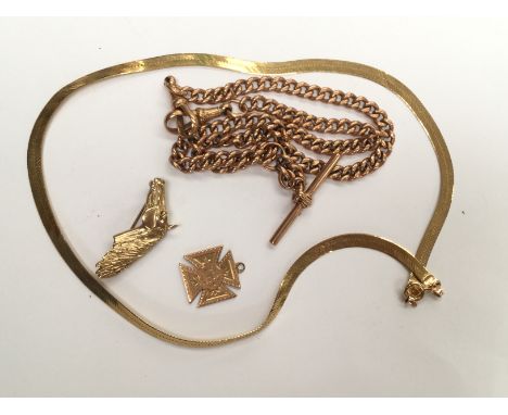 9ct gold Horse head brooch, pendant, flat necklace and fob chain, total weight approx 48.6 grams (one bag) 