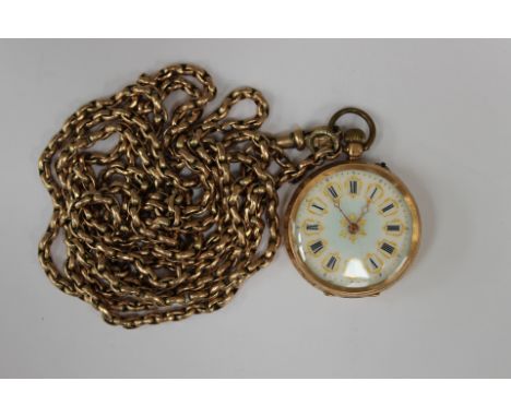 A 9ct yellow gold long oval link Albert; together with a 14k gold Continental fob watch (chain approx 32 grams) 