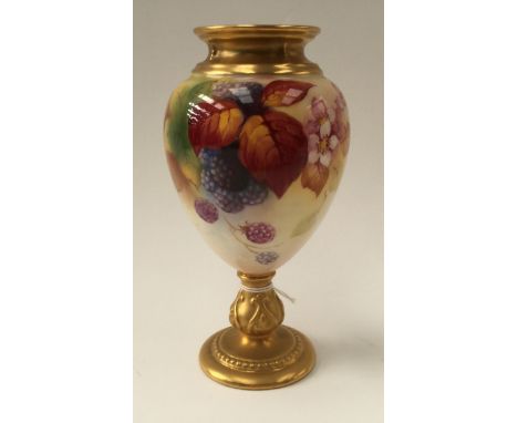 Royal Worcester vase, signed K. Blake, pedestal vase, having autumn fruits pattern, gilded pedestal and rim, puce back stamp 