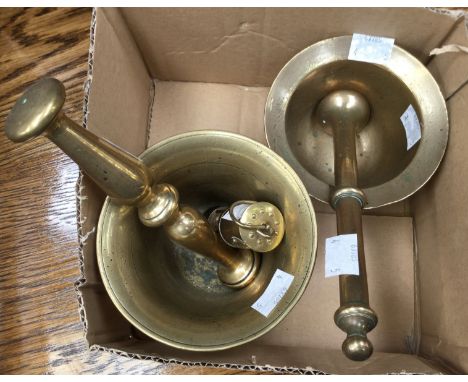 Two 18th Century gun metal pestle and mortars plus num strike miniature miners lamp (5) 