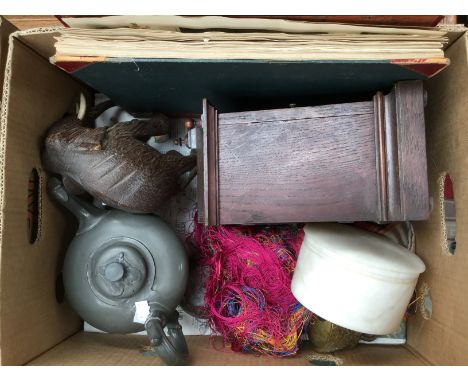 An eight day mantle clock with a Victorian scrap book, pewter teapot, etc (one box) 