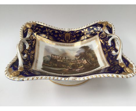 Bloor Derby rectangular twin handled pedestal bowl, Daniel Lucas painting 'Town and Castle of Stirling, from St Ninixns' coba
