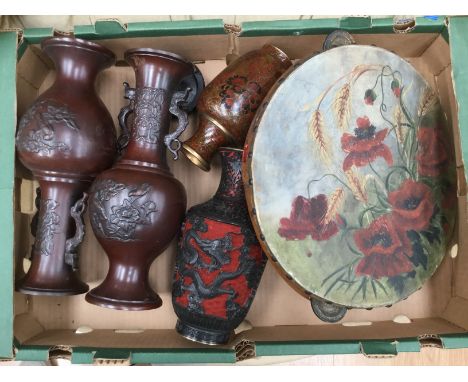 A pair of Meiji period Japanese bronze baluster vases, a cloisonne vase and a carved lacquer vase (4)