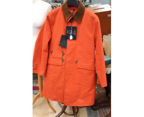 MACKINTOSH orange bonded fabric coat, corduroy brown collar, button front size 42