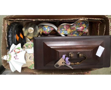 A Victorian pastille burner, with assorted pill boxes, mantle clock, etc (one box) 