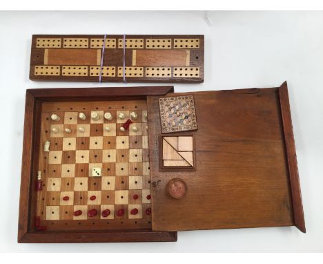 19th Century games including Tunbridge Ware puzzle in box, chess set, cribbage board, etc 