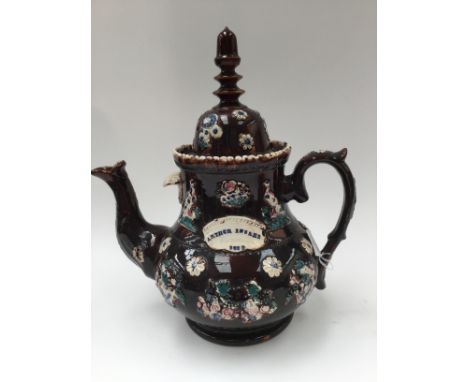 A large Bargeware teapot 'Arthur Insler 1889' acorn finial to cover, some restoration 