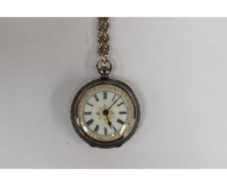 A silver fob watch on chain 