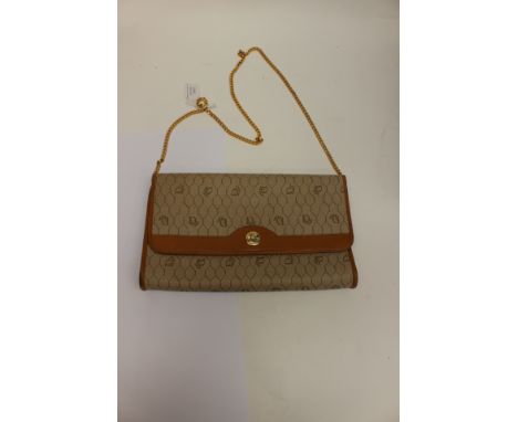 CHRISTIAN DIOR  envelope canvas clutch bag, featuring the Dior monogram, gold tone hardware and chain strap, tan leather trim