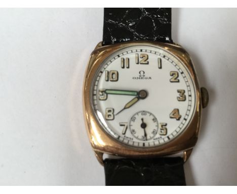 A gentlemen's vintage circa 1930s Omega wristwatch, rolled gold cushion shaped case, in good condition in working order 