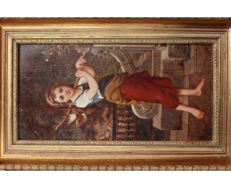 F...Homes (British, late 19th Century), portrait of a girl carrying game, signed l.r., oil on board, 33cm by 17cm, in a gilt 